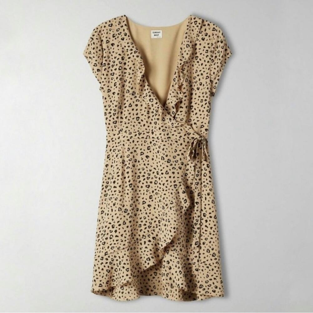 Aritzia Sunday Best Savoy leopard print ruffle wrap‎ mini dress size 8